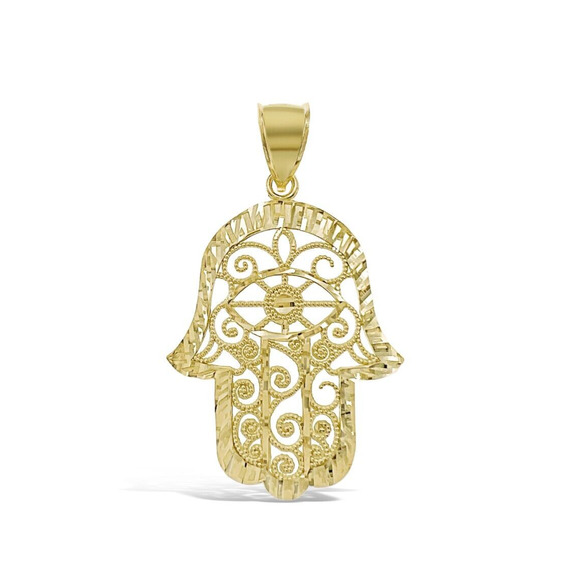 Hamsa Fatima Hand Pendant Real 10k Gold Charm 1.6" - Picture 1 of 2
